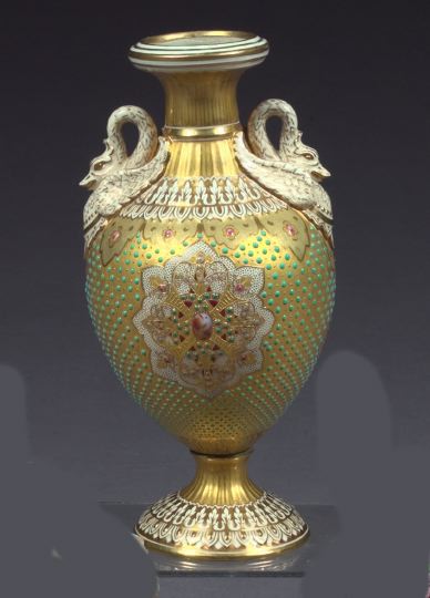 Appraisal: Good Richly Gilded and Enamel-Jeweled Swan-Handled Coalport Porcelain Garniture Vase