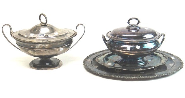 Appraisal: Plated wares comprising a Sheffield plated twin handled soup tureen