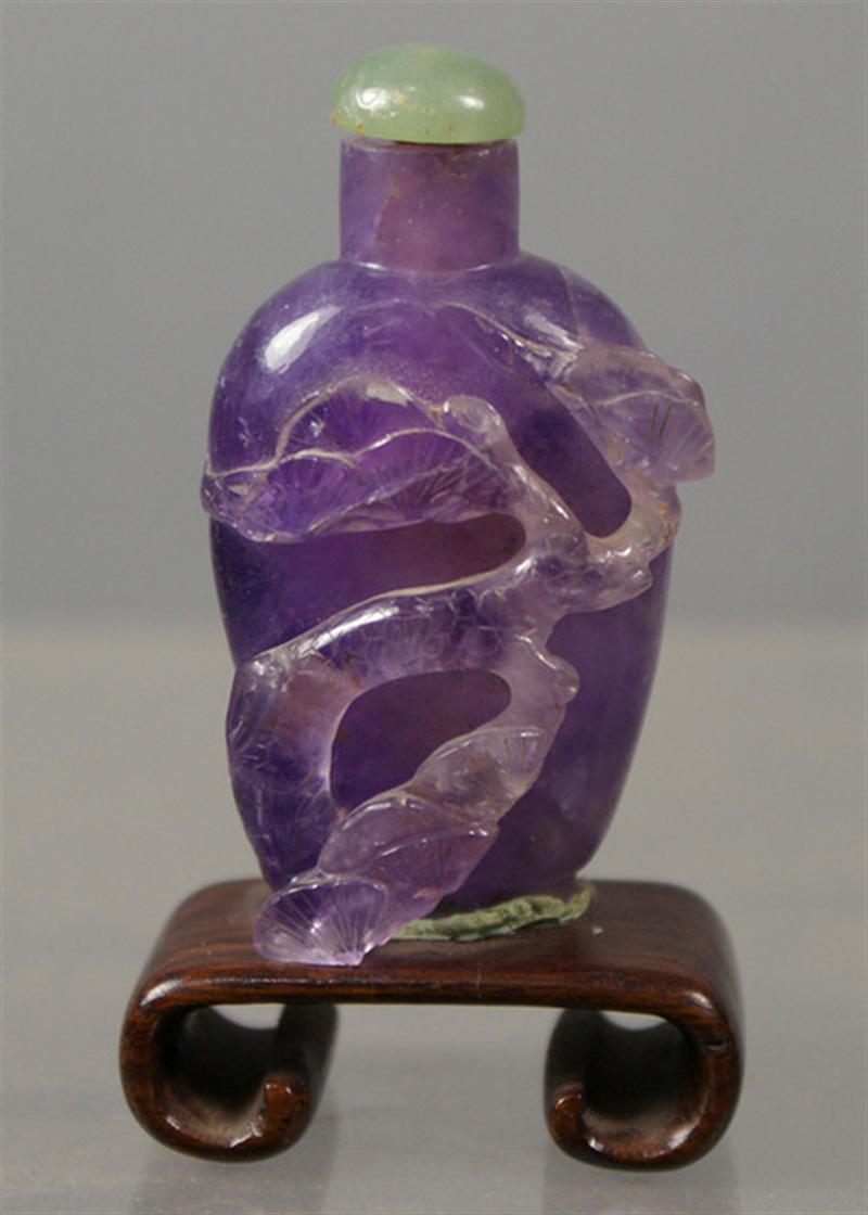 Appraisal: carved amethyst snuff bottle organic carving light green jade stopper