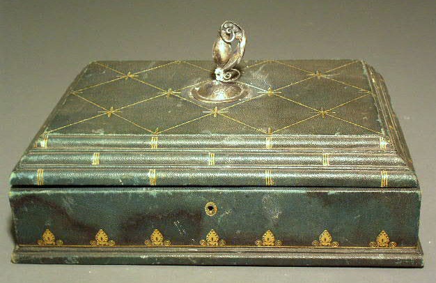 Appraisal: Leather jewelry box with silver finial and with label h