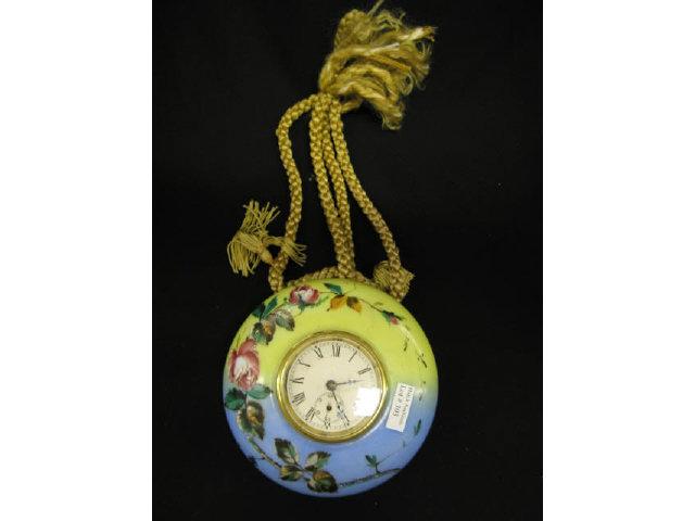 Appraisal: Victorian Art Glass Hanging Clock enameled floral round case attributed