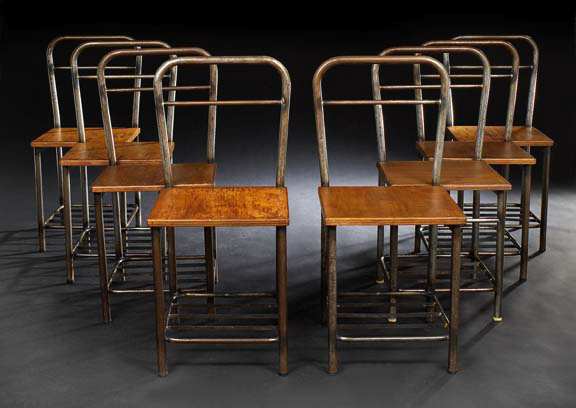 Appraisal: Suite of Eight Industrial Design Tubular Steel and Mahogany Sidechairs