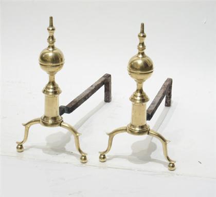 Appraisal: Pair of Federal brass andirons and matching tongs attributed to