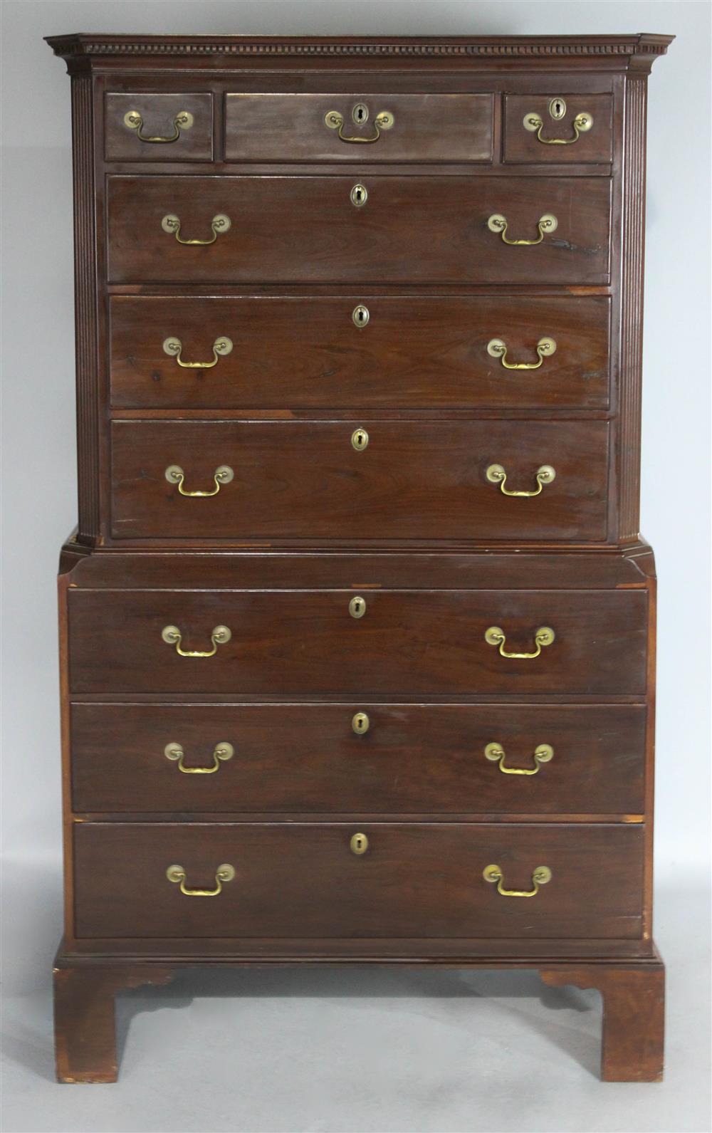 Appraisal: ENGLISH GEORGIAN STYLE MAHOGANY CHEST ON CHEST LATE TH CENTURY