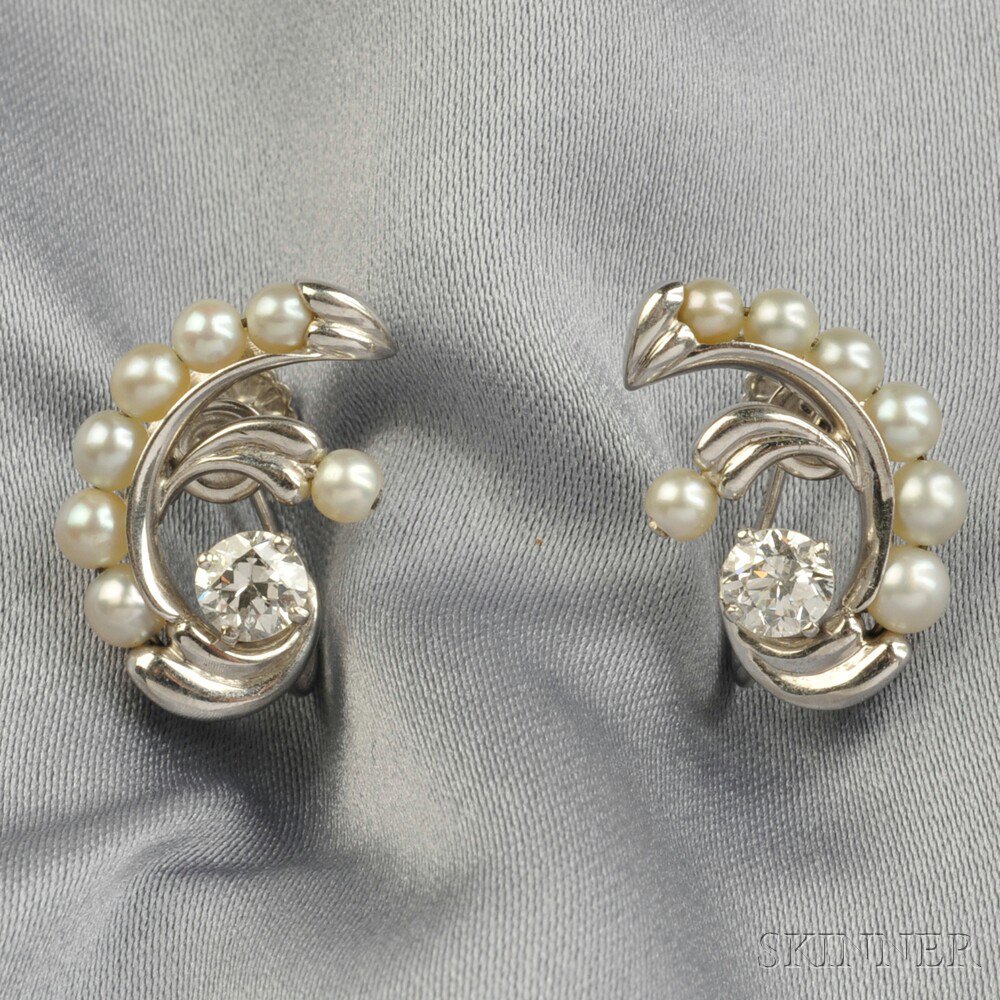 Appraisal: White Gold Cultured Pearl and Diamond Earrings each scroll motif