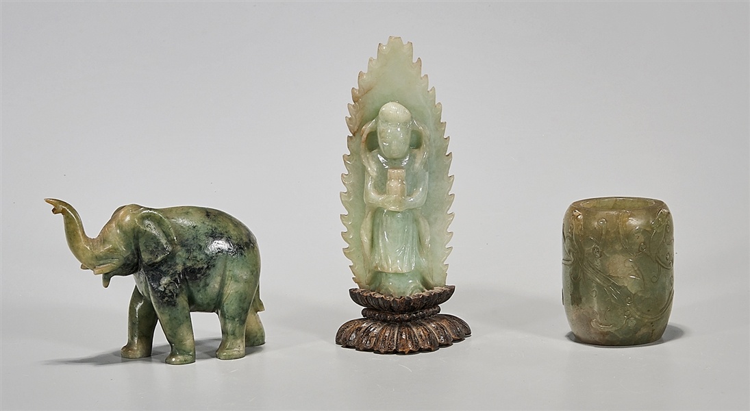 Appraisal: Group of three antique Chinese carved jadeites including elephant vessel