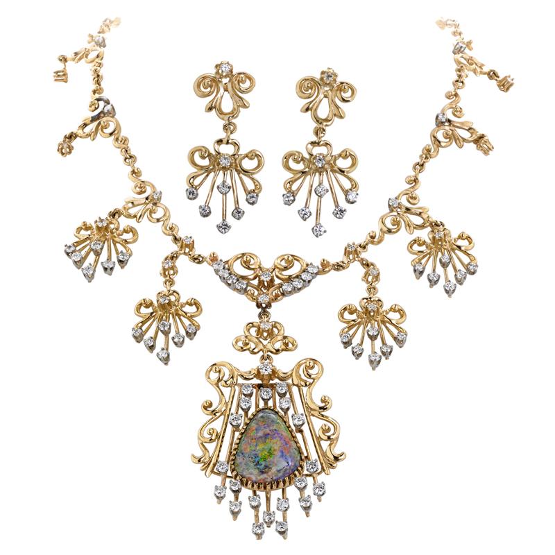 Appraisal: OPAL AND DIAMOND FRINGE NECKLACE AND EARRINGS Condition Report Diamonds