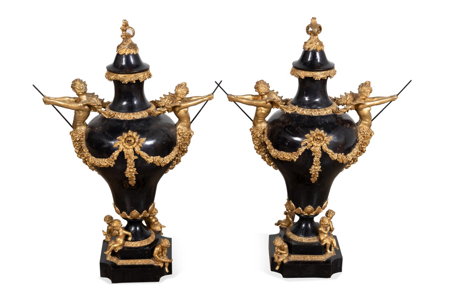 Appraisal: PAIR LOUIS XVI STYLE URNS WITH FIGURAL HANDLES Pair of