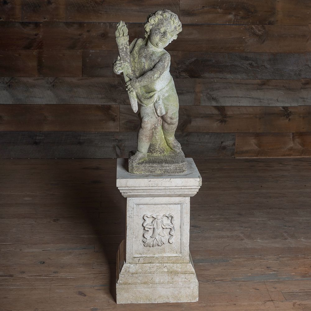 Appraisal: Cast Stone Putti with a Torch on a Matching Pedestal