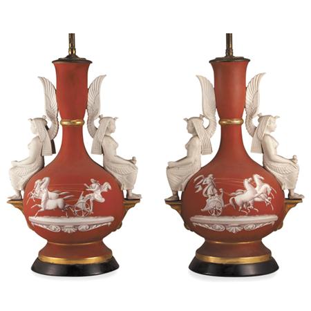 Appraisal: Pair of Egyptian Revival Style Porcelain Lamps Estimate nbsp nbsp