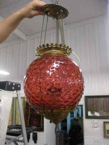 Appraisal: Cranberry Art Glass Hanging Lamp foyer size hobnail decor electrified