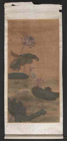 Appraisal: Chinese Qing watercolor on silk scrolldepicting lotus and cranes Circa