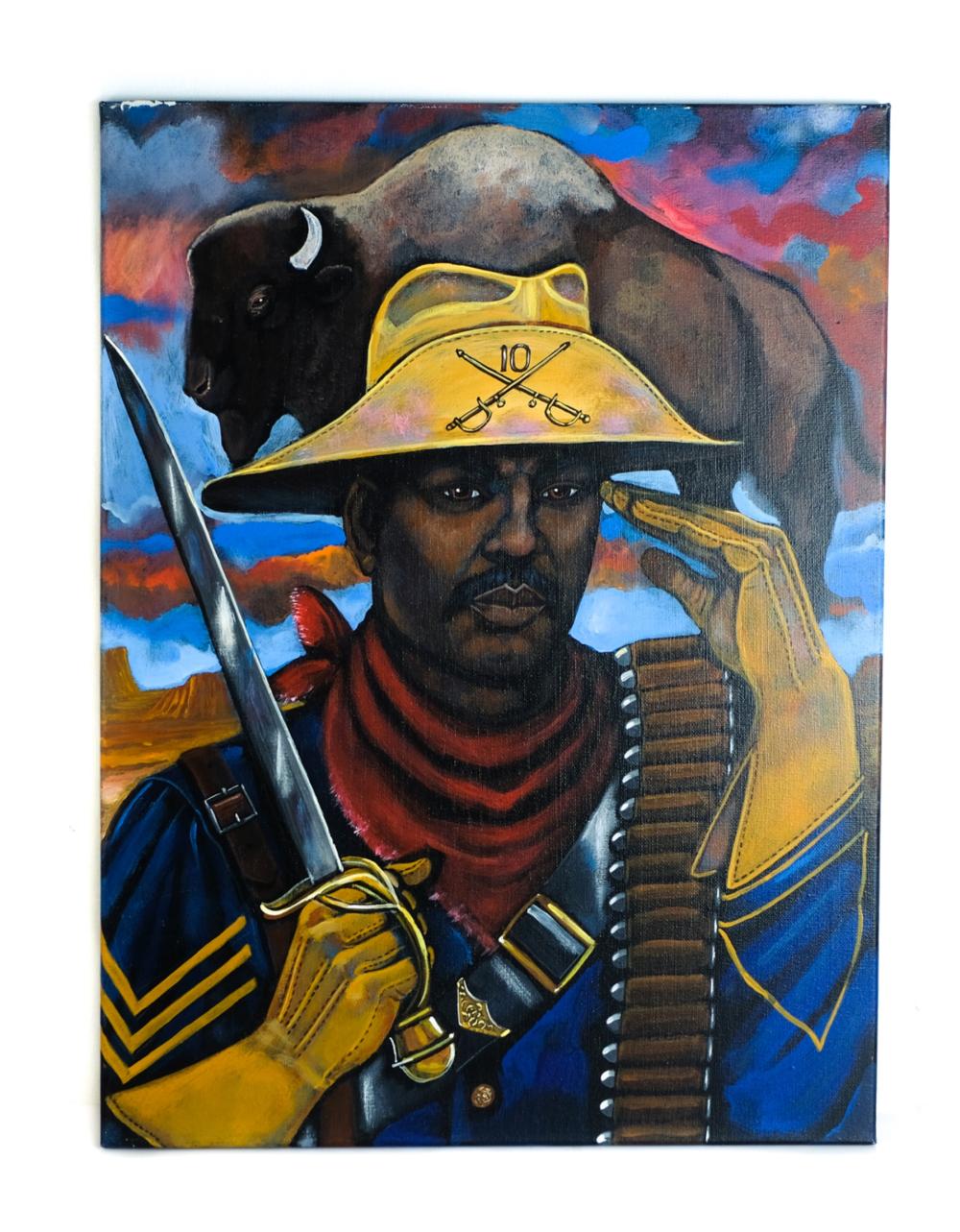 Appraisal: AFRICAN AMERICAN BUFFALO SOLDIER PAINTINGContemporary acrylic on canvas painting depicting