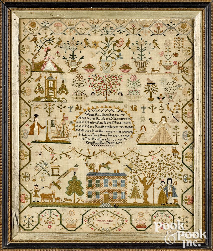 Appraisal: Elaborate English silk on linen sampler Elaborate English silk on