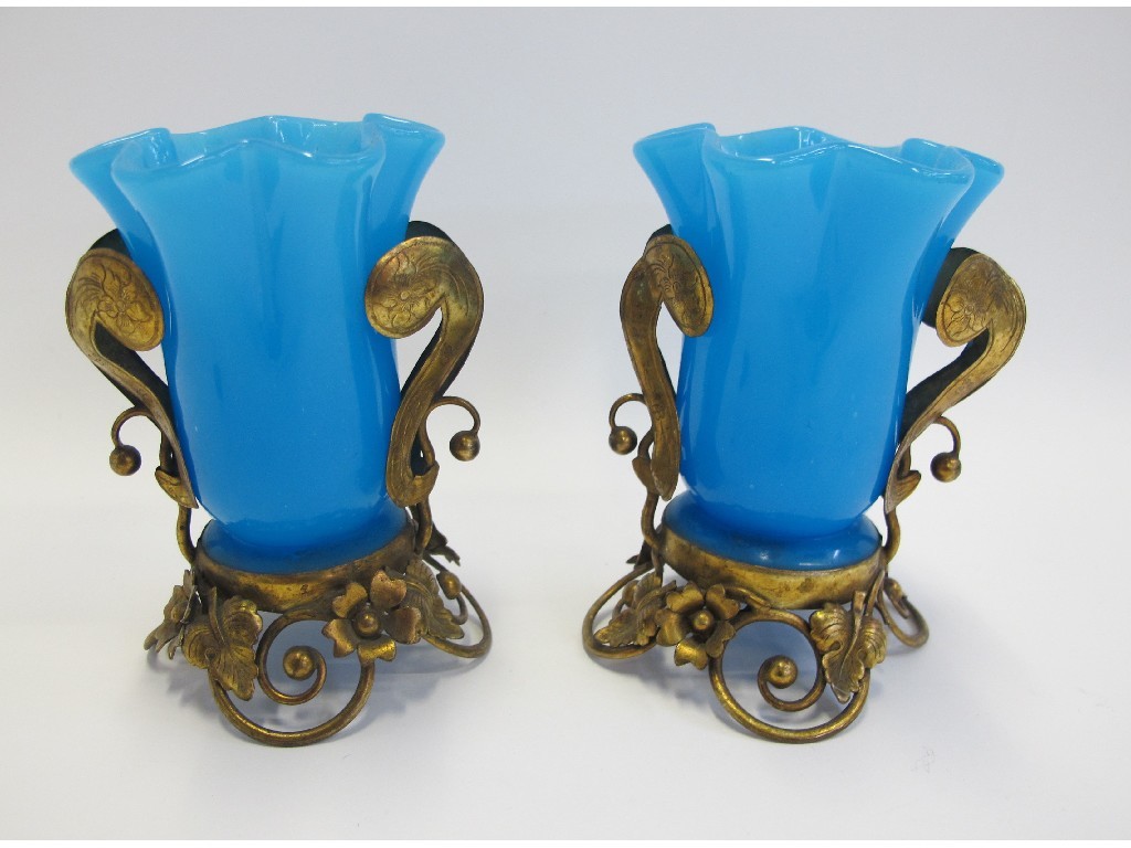 Appraisal: Pair of blue glass vases in gilt metal mounts