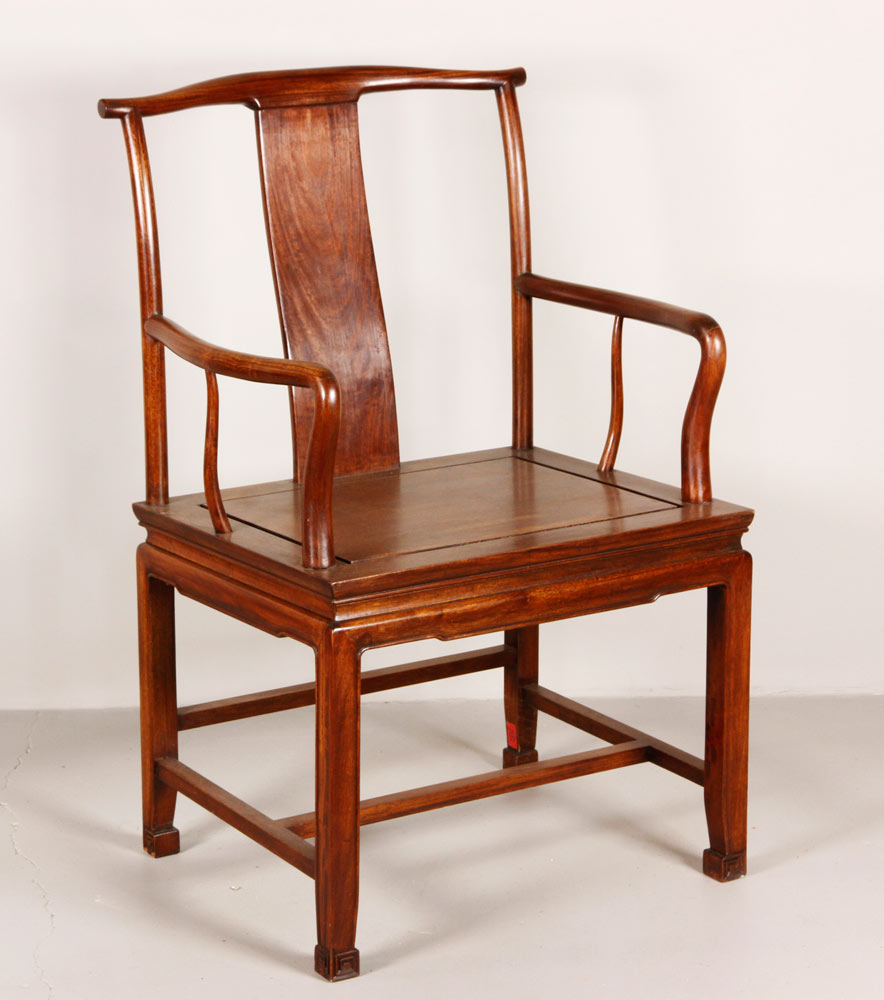 Appraisal: - Chinese Huanghuali Wood Armchair Carved huanghuali wood armchair China