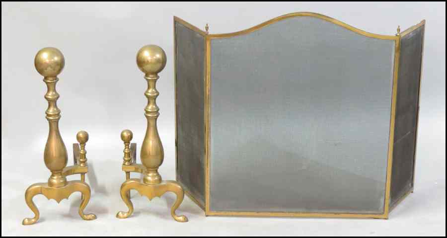 Appraisal: BRASS FIREPLACE SCREEN Together with a pair of brass andirons