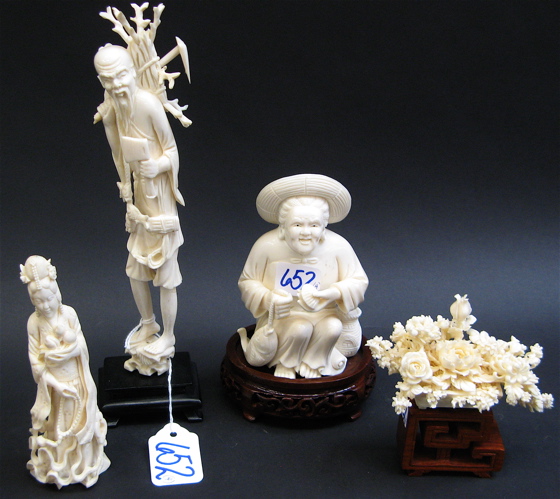 Appraisal: GROUP OF FOUR CARVED CHINESE IVORIES a figure of an