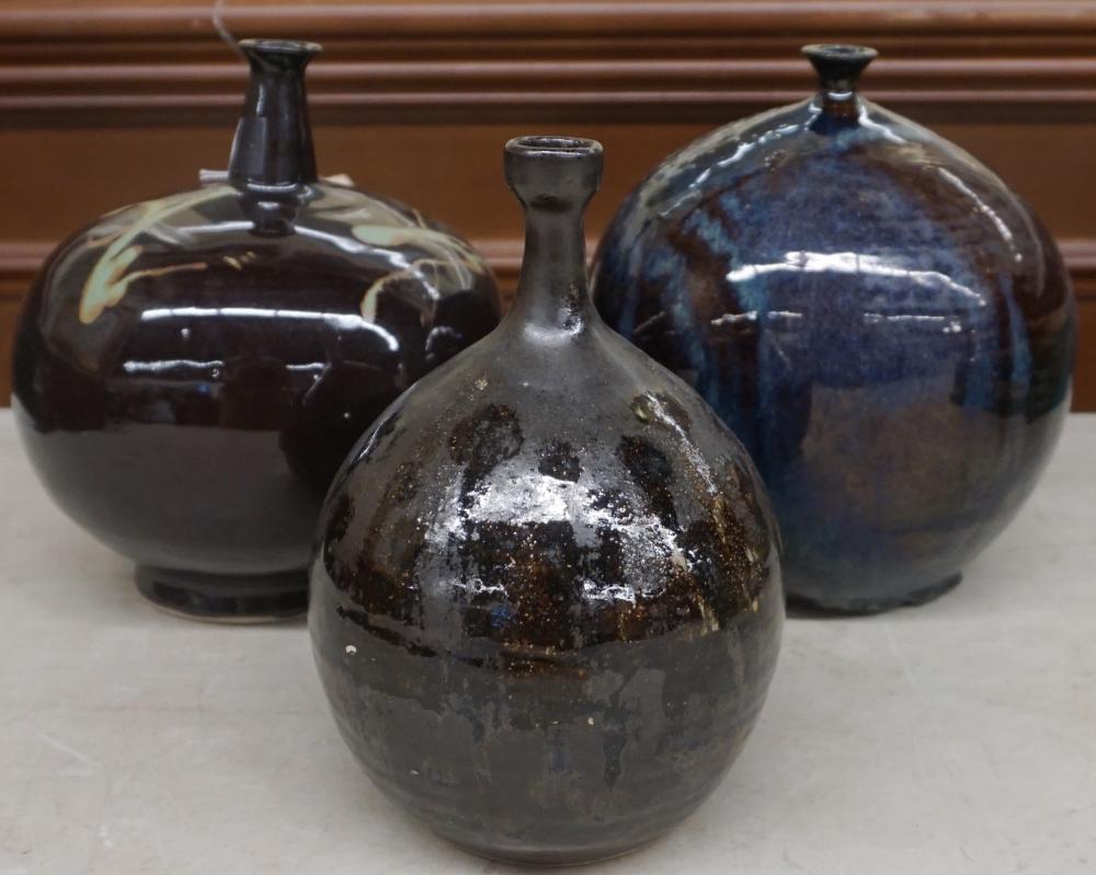 Appraisal: Three Contemporary Bottle Neck Glazed Pottery Vases One Signed Tong