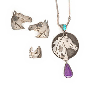 Appraisal: Richard Tsosie Din b Silver Horse Necklace Earrings and Ring