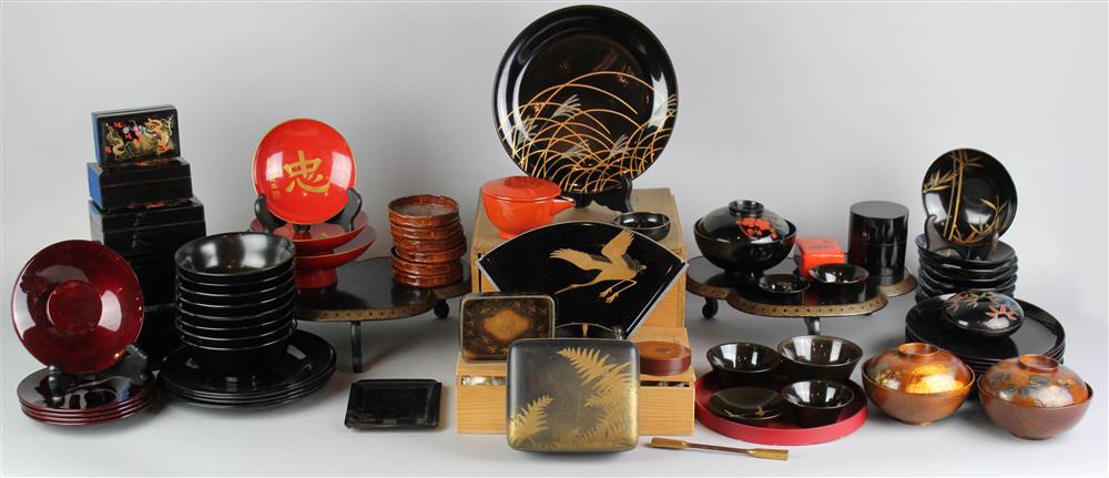 Appraisal: A LARGE COLLECTION OF JAPANESE LACQUER including black small bowls