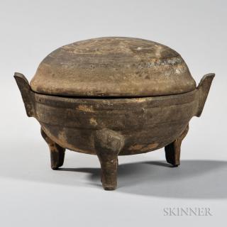 Appraisal: Stoneware Tripod Covered Vessel Stoneware Tripod Covered Vessel China ding-shape