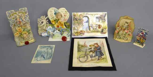 Appraisal: Bicycle related postcard lot including ''Alone'' hold to light and