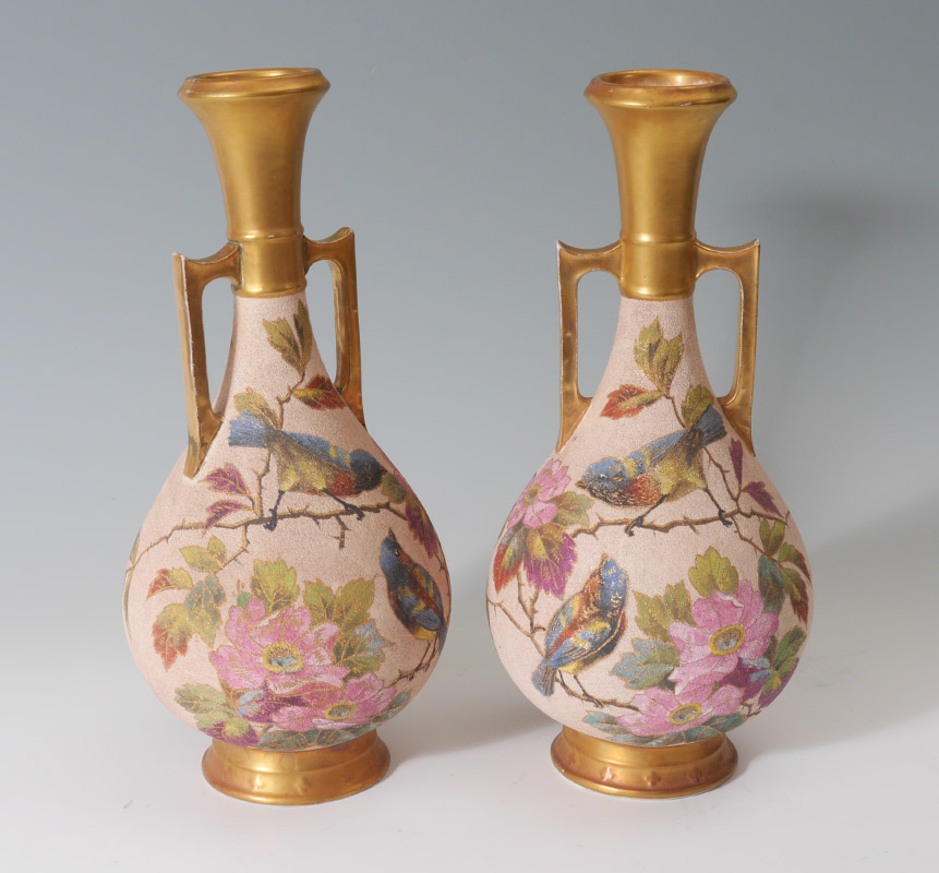 Appraisal: PAIR ROYAL BONN TAPESTRY VASES Gilt decorated handles necks and