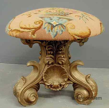 Appraisal: Needlepoint stool with an acanthus and shell carved base ''h