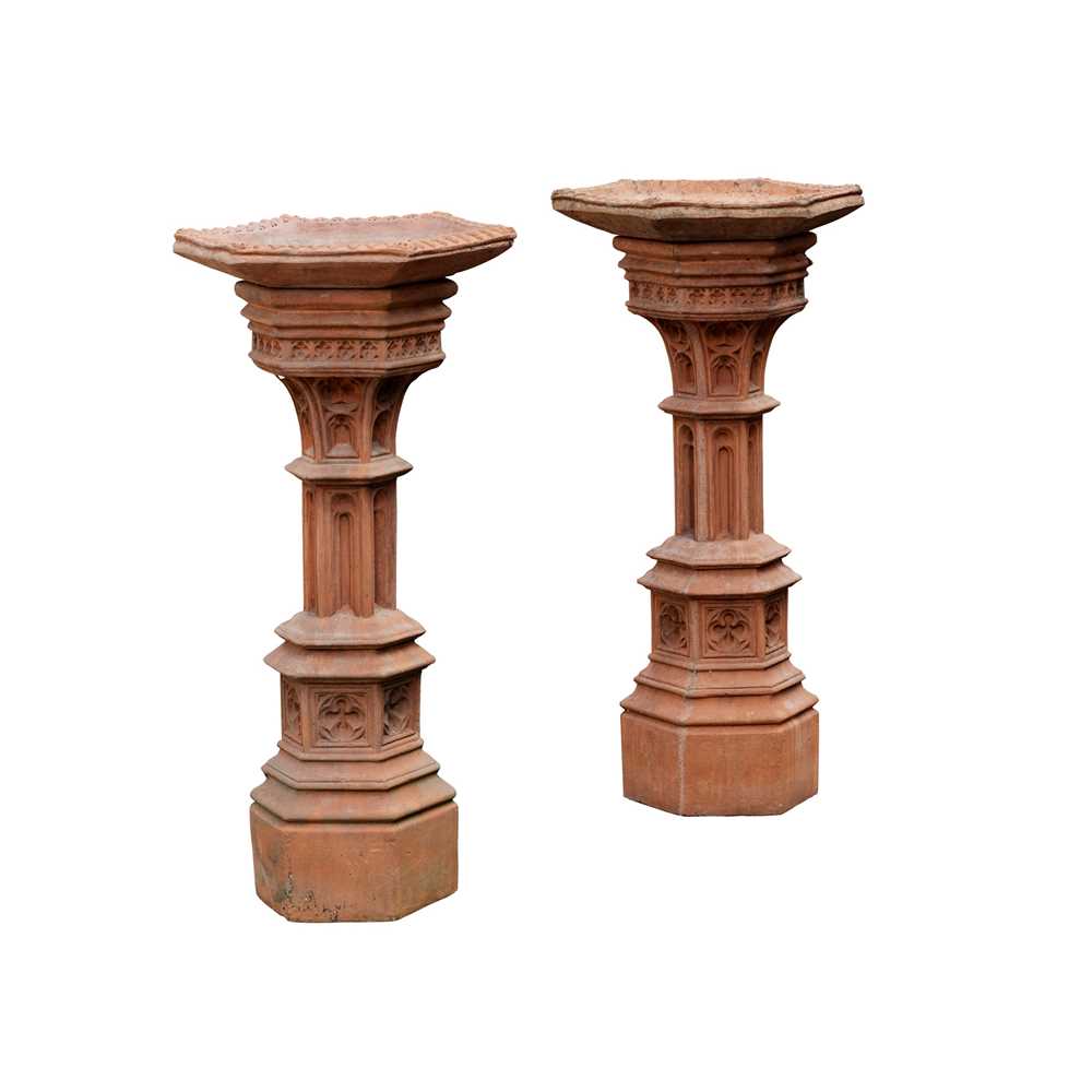 Appraisal: PAIR OF GOTHIC REVIVAL TERRACOTTA BIRDBATHS EARLY TH CENTURY of