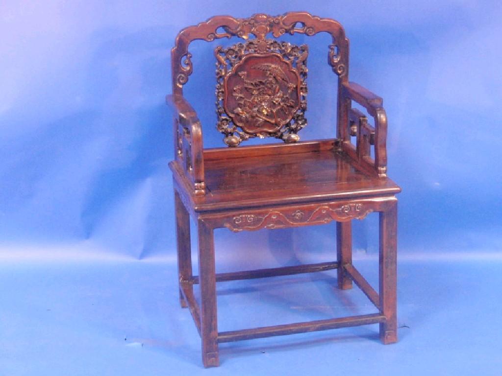 Appraisal: A thC Chinese rosewood throne chair the back with a