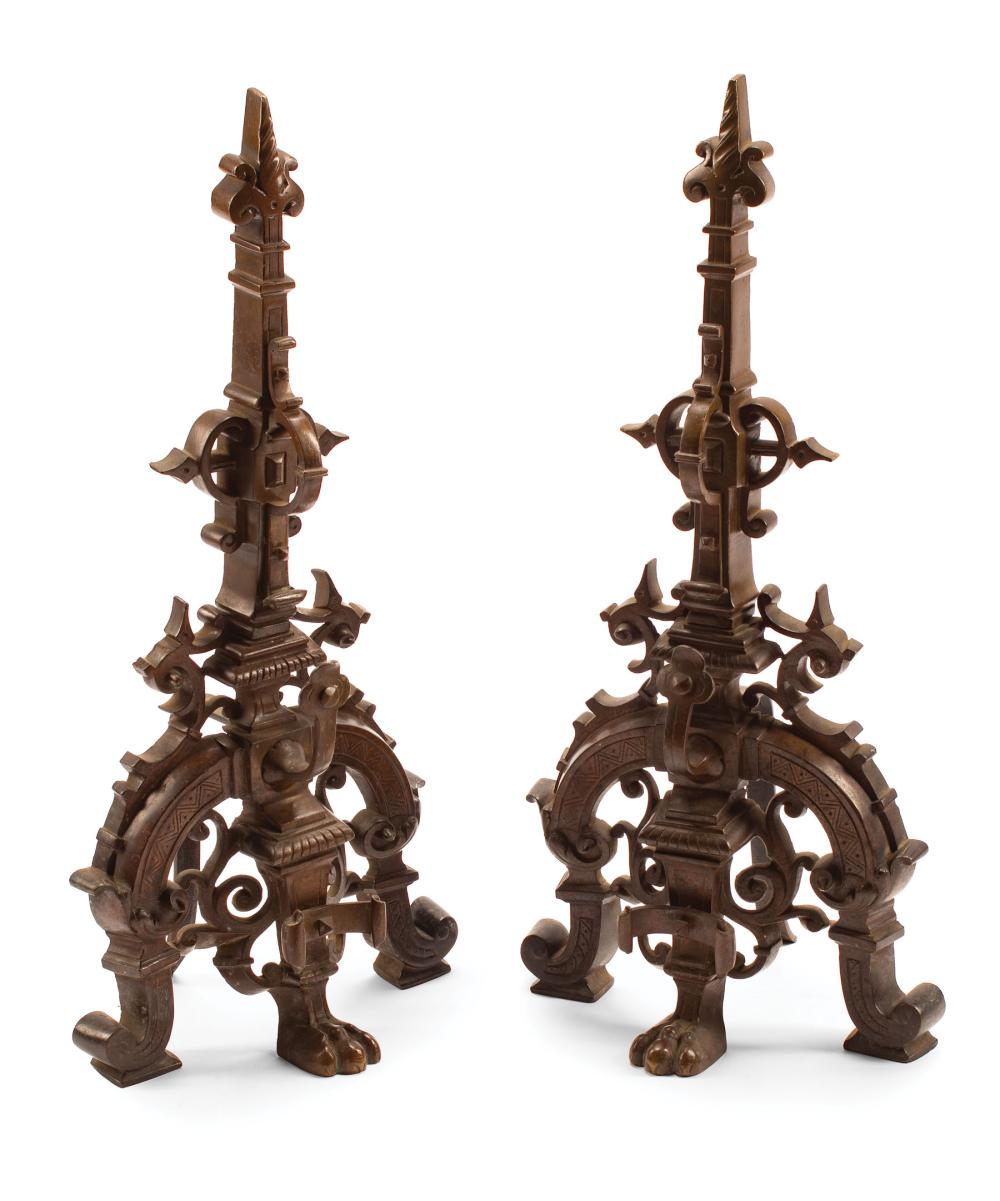 Appraisal: Pair of French Gothic-Style Patinated Bronze Chenets scroll and arch