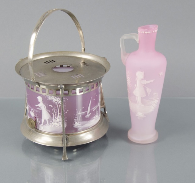 Appraisal: Sterno Holder with Mary Gregory Insert EwerPink satin glass ewer