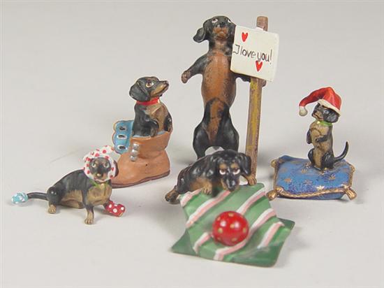 Appraisal: Five Miniature Cold Painted Bronze Figures Dog subject matter Recent