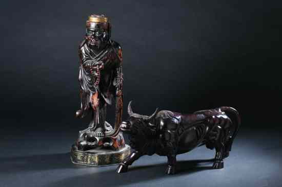 Appraisal: CHINESE LACQUERED WOOD FIGURE OF IMMORTAL Together with a zitan