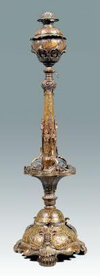 Appraisal: Bronze mounted art glass oil lamp finely cast bronze shell