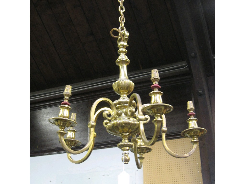 Appraisal: Heavy brass five branch ceiling light with a pair of