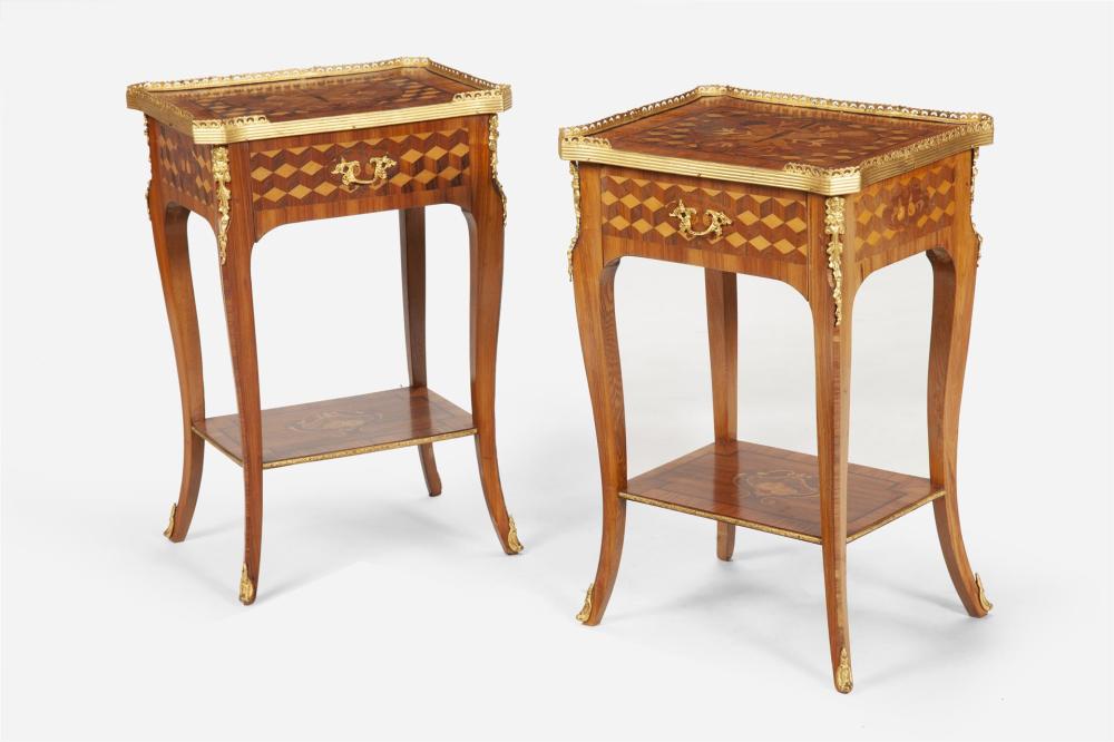 Appraisal: A pair of French-Louis-XV-style marquetry lamp tables Mid- th Century