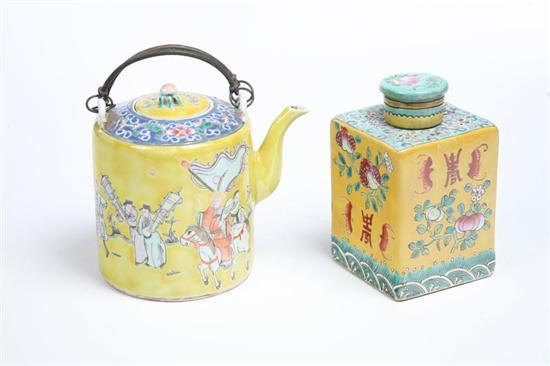 Appraisal: TEA CADDY AND TEAPOT Chinese ca porcelain Yellow glaze with