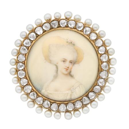 Appraisal: Antique Gold Pearl and Diamond Portrait Miniature Pendant-Brooch Estimate -