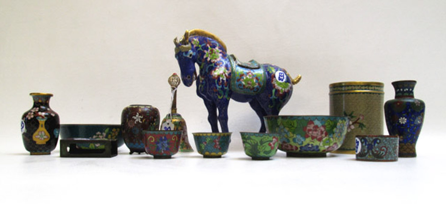 Appraisal: THIRTEEN CLOISONNE QING AND REPUBLIC ITEMS such as figural horse