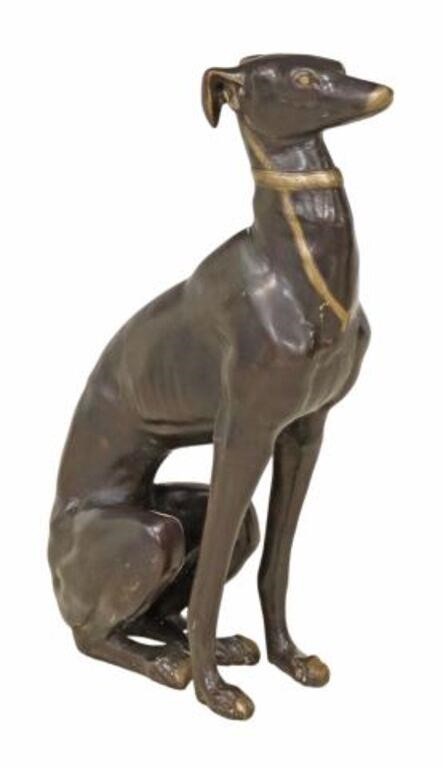 Appraisal: Patinated bronze figural sculpture Whippet th c seated at attention