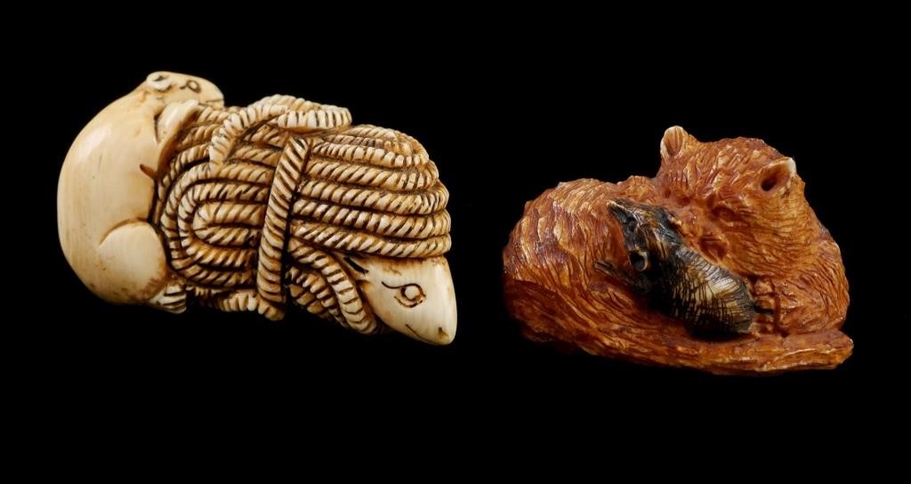 Appraisal: Two carved Japanese ivory netsukes two rats and two cats