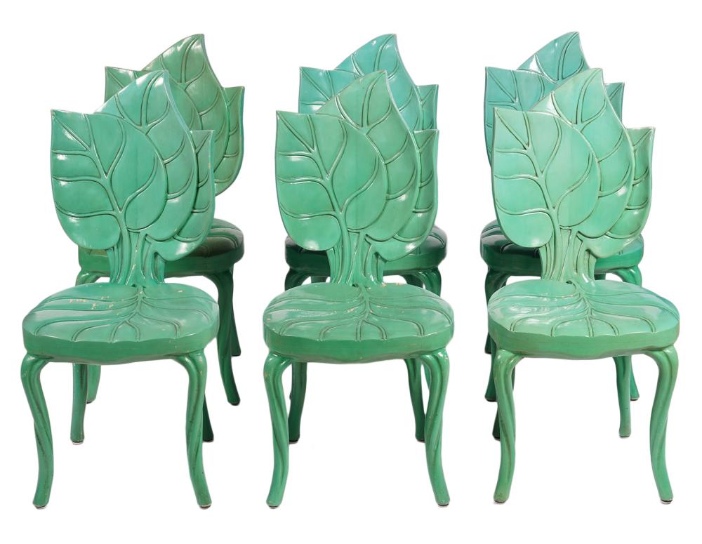 Appraisal: SIX HAND CARVED BARTOLOZZI MAIOLI LEAF CHAIRSSix hand carved wooden