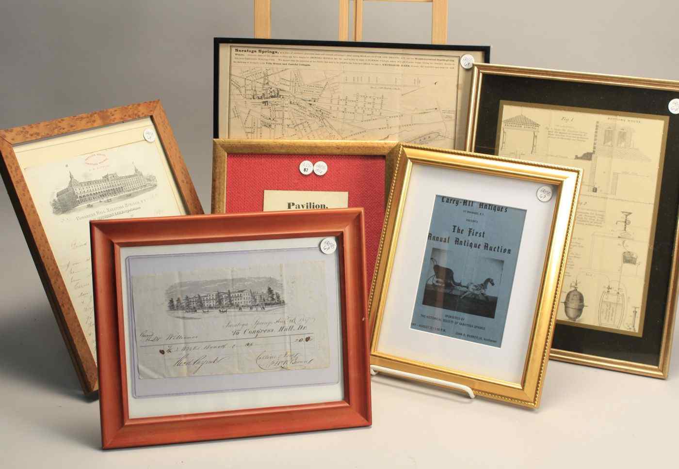 Appraisal: SIX FRAMED ITEMS Receipt from the Pavilion Saratoga Springs'' for