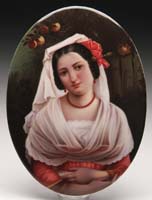 Appraisal: HAND PAINTED PORCELAIN PLAQUE Unsigned oval painting on porcelain half-portrait