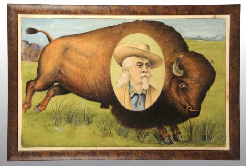 Appraisal: Handpainted Buffalo Bill Linen Banner Description Circa to Framed in