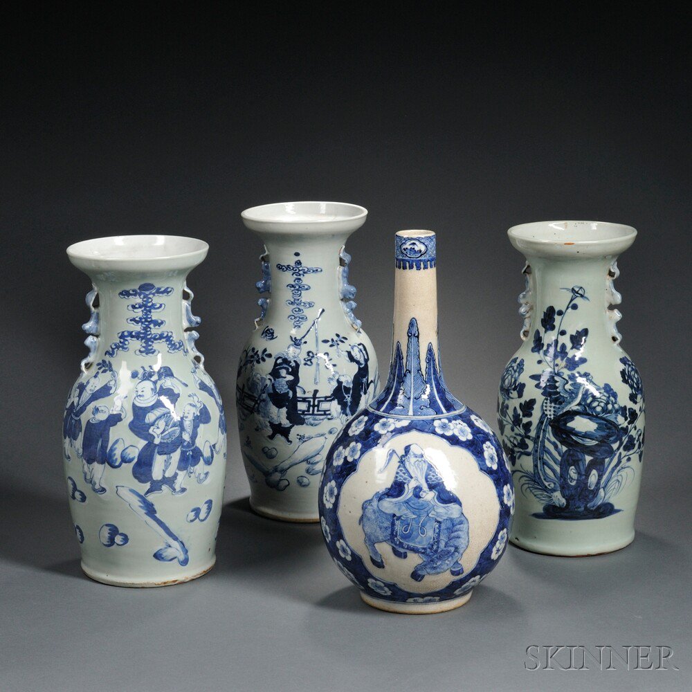 Appraisal: Four Blue and White Vases China two baluster celadon vases