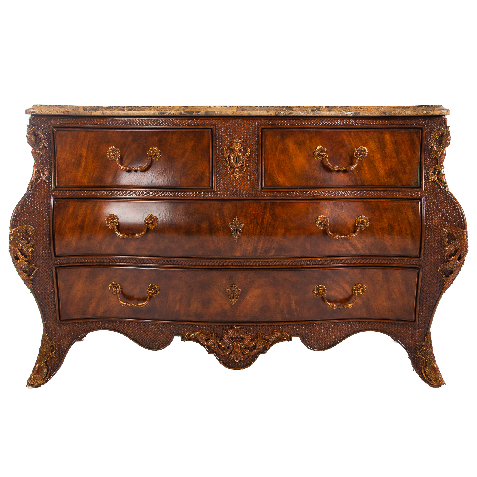 Appraisal: MAITLAND-SMITH LOUIS XVI STYLE BOMBE COMMODE Shaped variegated marble top