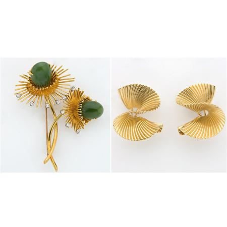 Appraisal: Gold Nephrite and Diamond Flower Brooch and Pair of Gold